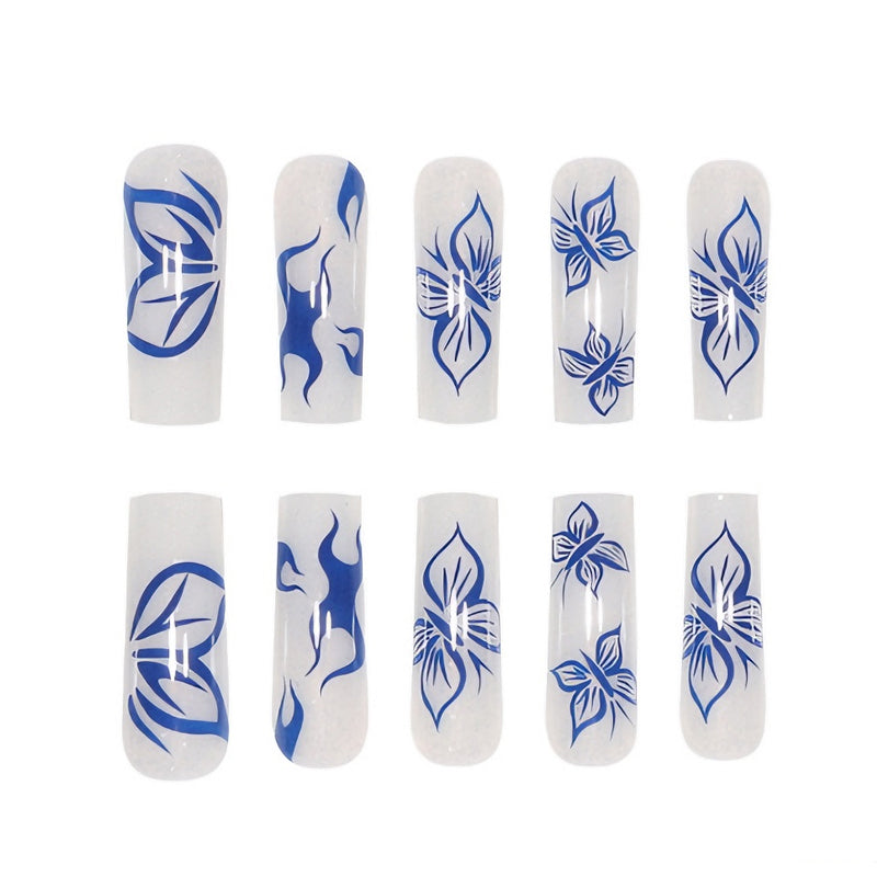 24 PCS Blue Butterfly Art, Long Length Long Water Pipe Fake Nails,Square Head Nail Tips False Nail EX-STOCK Canada 