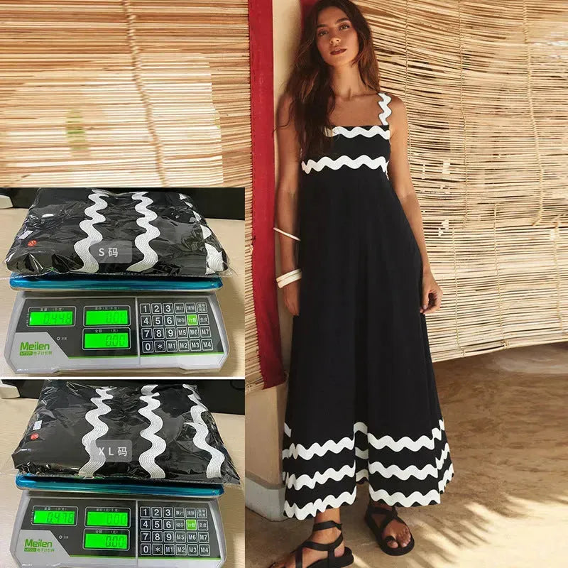 Flowers Print Wavy Pattern Suspender Long Dress For Women Fashion A-Line Beach Dresses Womens Clothing - EX-STOCK CANADA