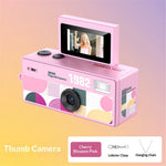 Pink instant camera with a screen on a gradient background