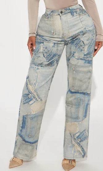 Denim On Denim Printed Flare Jeans - Light Wash EX-STOCK Canada 