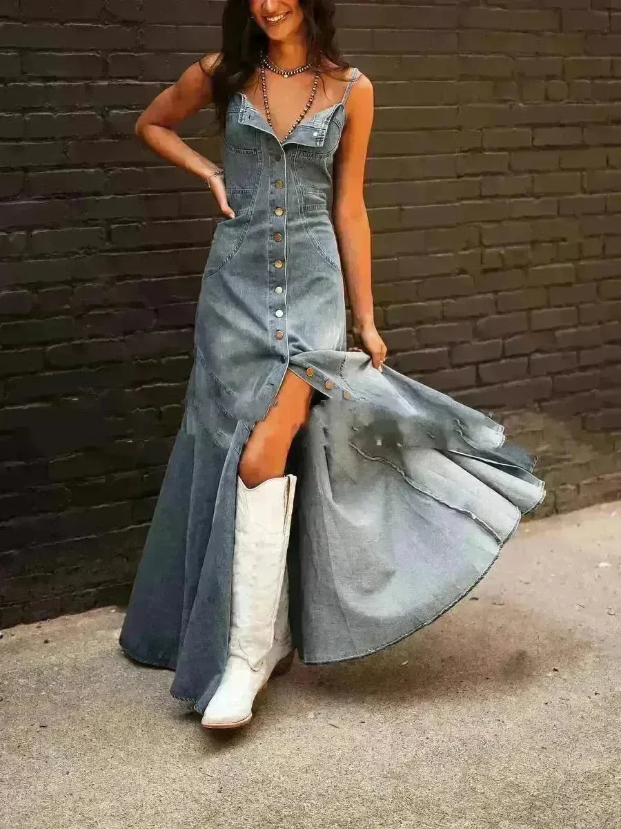 Ins Women's Summer Vintage Denim Large Swing Dress Denim Dress outfit - EX-STOCK CANADA