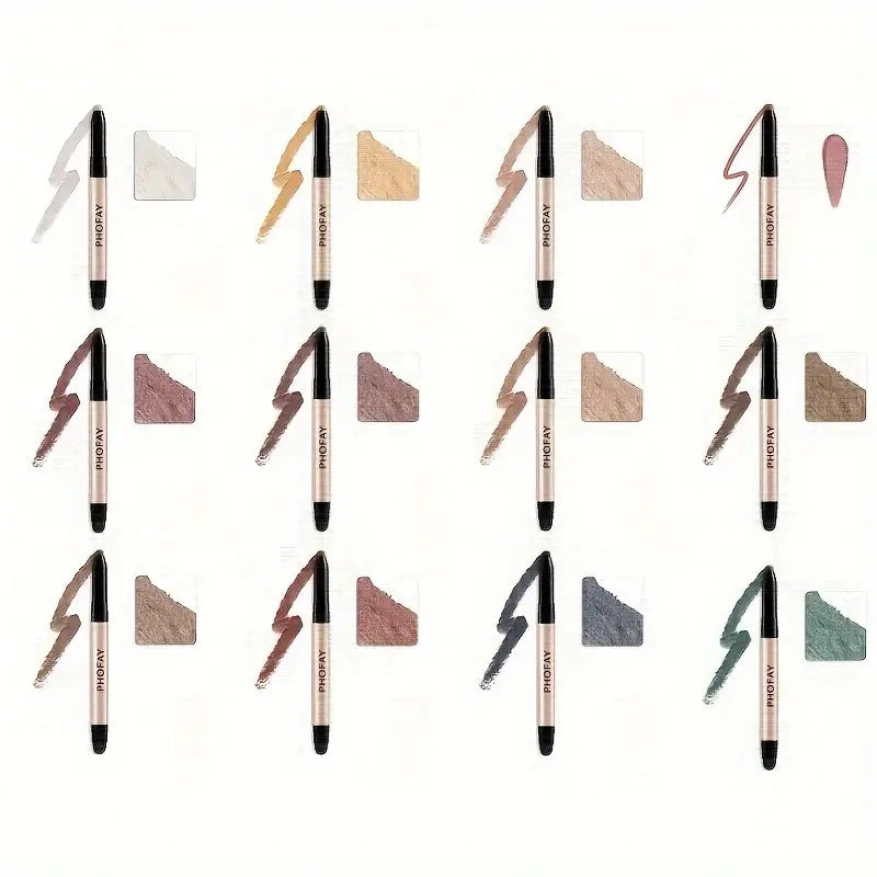 Set of makeup pencils with color swatches on a white background