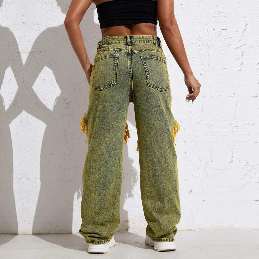 Shascullfites Melody Yellow Wash Streetwear Split Loose Straight Ripped Baggy Jeans Y2K Retro Women Denim Pants - EX-STOCK Canada