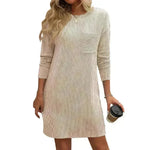 Casual New Solid Color Striped With Pockets Long Sleeve Loose Mini Dress Fashion Round Neck Straight Dress Women's Clothing - EX-STOCK CANADA