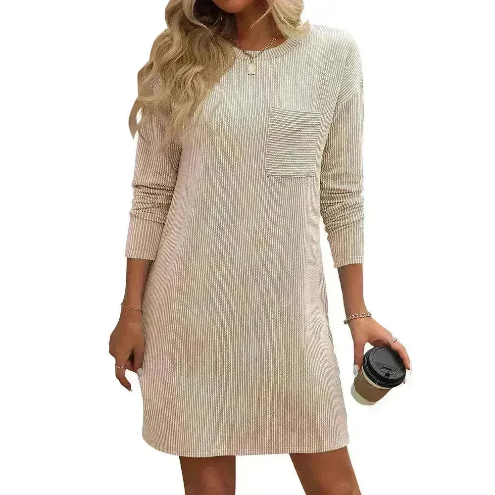 Casual New Solid Color Striped With Pockets Long Sleeve Loose Mini Dress Fashion Round Neck Straight Dress Women's Clothing - EX-STOCK CANADA