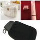 Collage of a white textured box, pink hair styling tool, and black scrubbing glove.