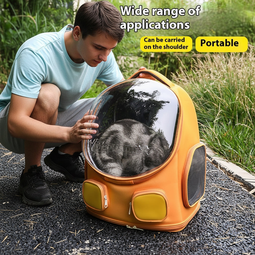 Person holding a pet carrier with a cat inside, outdoors on a path.