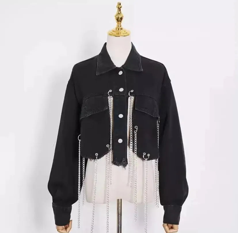 Short Frayed Denim Jacket Women Chain Fashion Style - EX-STOCK CANADA