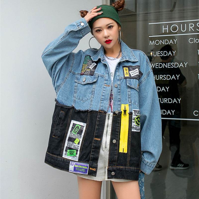 Personality Stitching Graffiti Patch Denim Loose Jacket Women EX-STOCK Canada 