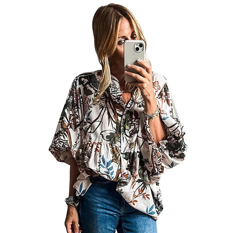 Spring Summer All-match Floral Print loose Linen blouse Shirt For Women - EX-STOCK CANADA
