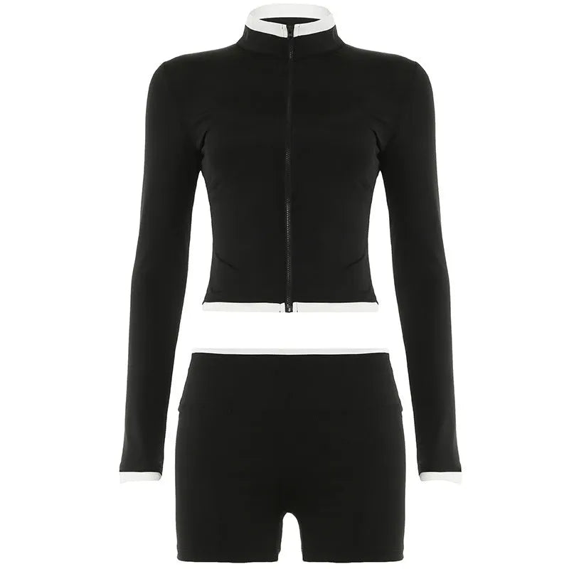 American Street Workout Clothes Suit Zipper Cardigan Long Sleeve Top Suspender Shorts - EX-STOCK CANADA