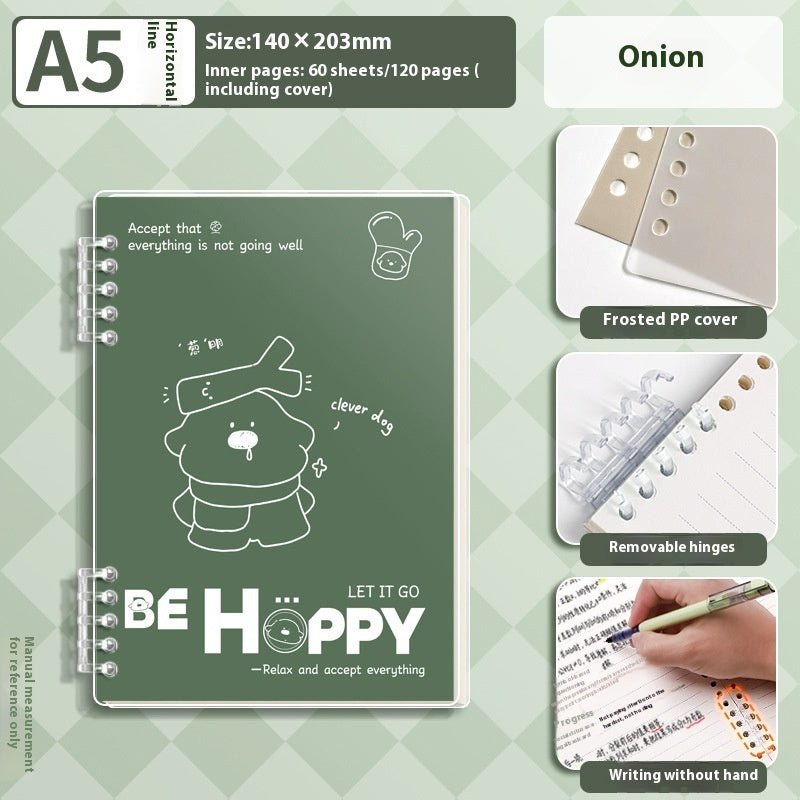 Green notebook with illustrations and text, featuring a hand holding a pen on a checkered background.