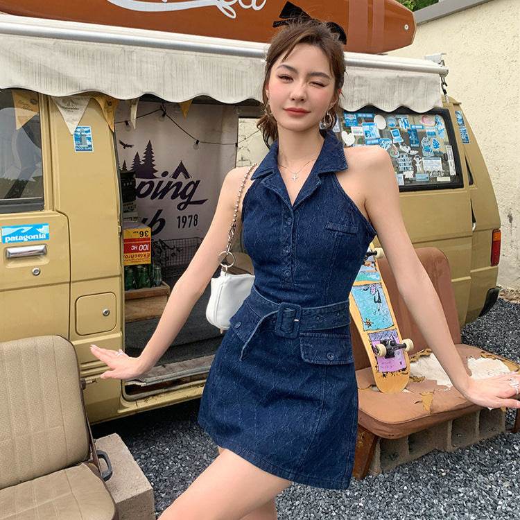 Mini Sleeveless Sheath Denim jeans halter neck Dress - EX-STOCK Canada