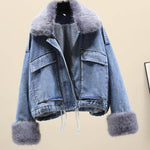 Furry Collar Denim Pie Overcoming Loose Plus Fleece Jacket Women EX-STOCK Canada 