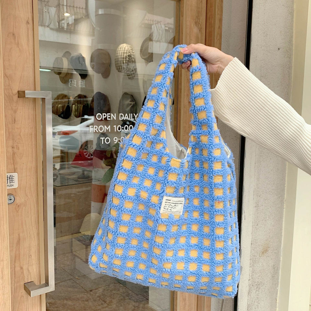 Waffle Flannel Bag Tote Bag Large Capacity Commute Minimalist Student Class Bag - EX-STOCK CANADA
