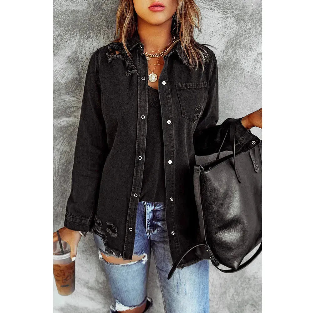 Black Ripped Shirt Denim Long Sleeve Coat Jacket Women - EX-STOCK CANADA