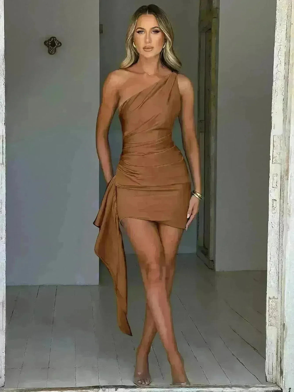 One-shoulder Sleeveless Mini Dress Charming Slim Backless Party Wedding Satin Dresses Womens Clothing - EX-STOCK CANADA