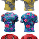 A product display grid showing multiple short-sleeve athletic rash guard shirts, each with front and back views. The designs include black with white/red graphics, gray and yellow tropical prints, blue and pink floral prints, and red and black comic-style monster prints.