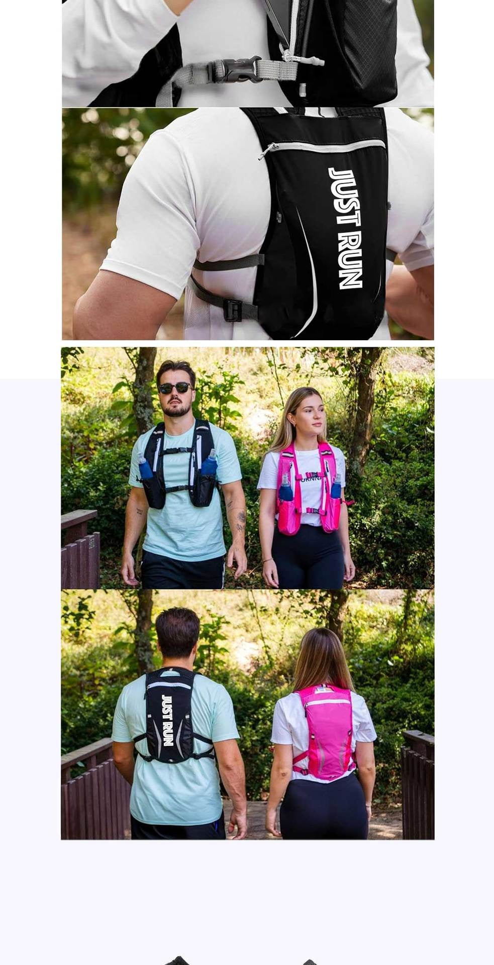 A four-panel collage showing a running hydration backpack worn by athletes. The top panels show close-ups of a black and white 'JUST RUN' backpack on a runner's chest, while the bottom panels show a man and a woman hiking outdoors wearing the backpacks, one in black and one in pink.