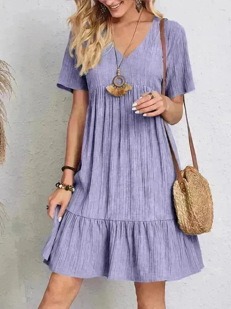 Summer Beach  V-neck Dresses Women's Loose Casual Short-sleeved Loose Skater Dress for Chic Ladies - EX-STOCK CANADA