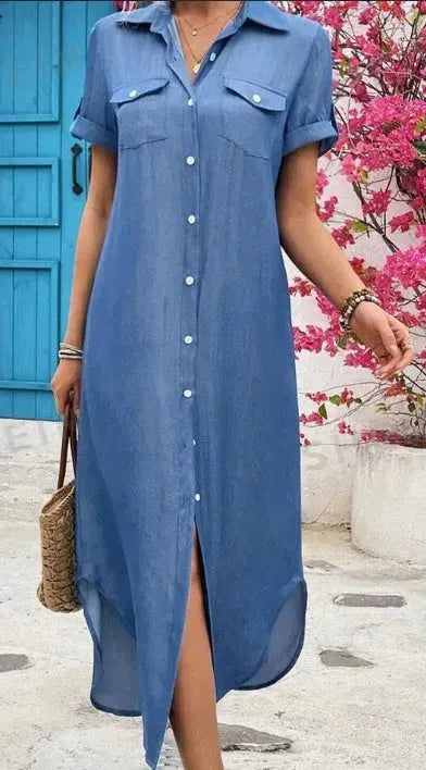 Women Summer Denim-Look Longline Shirt Dress - EX-STOCK CANADA