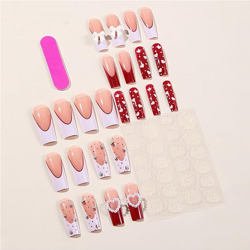 24 PCS Strawberry Bow Nail Art, Long Length Long Water Pipe Fake Nails,Square Head Nail Tips False Nail EX-STOCK Canada 
