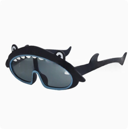 Shark-themed sunglasses on a white background