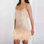 Elegant Chic Spaghetti Strap Luxury Tassel Sequins Feather Women’s Mini Dress for Evening Party, Cocktail Wedding Guest. - EX-STOCK CANADA