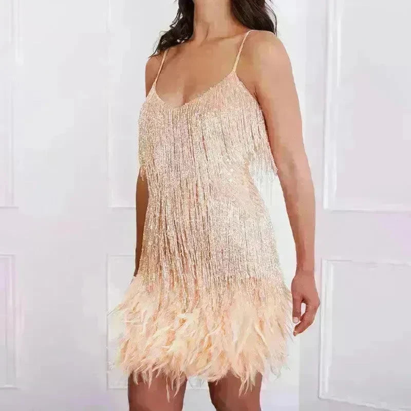 Elegant Chic Spaghetti Strap Luxury Tassel Sequins Feather Women’s Mini Dress for Evening Party, Cocktail Wedding Guest. - EX-STOCK CANADA