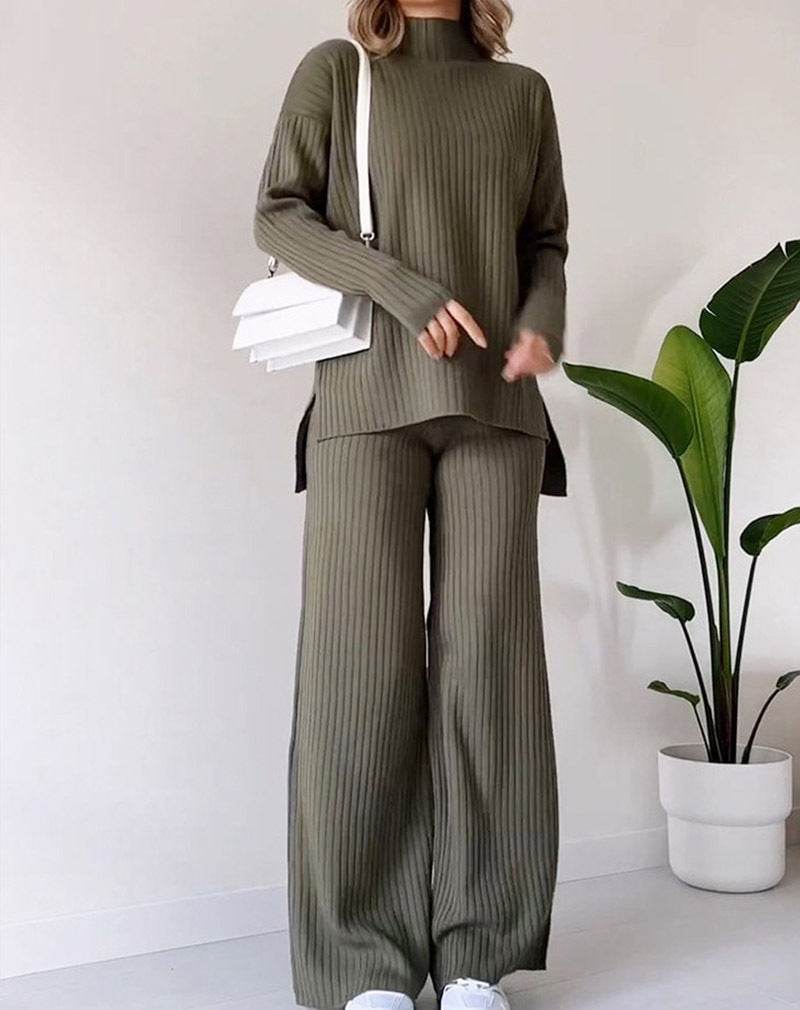 Casual 2pcs Co ord Winter Turtleneck Knitted Suit Loose Split Long-sleeved Top And Straight Trousers Fashion Casual Solid Set Women's Clothing - EX-STOCK Canada
