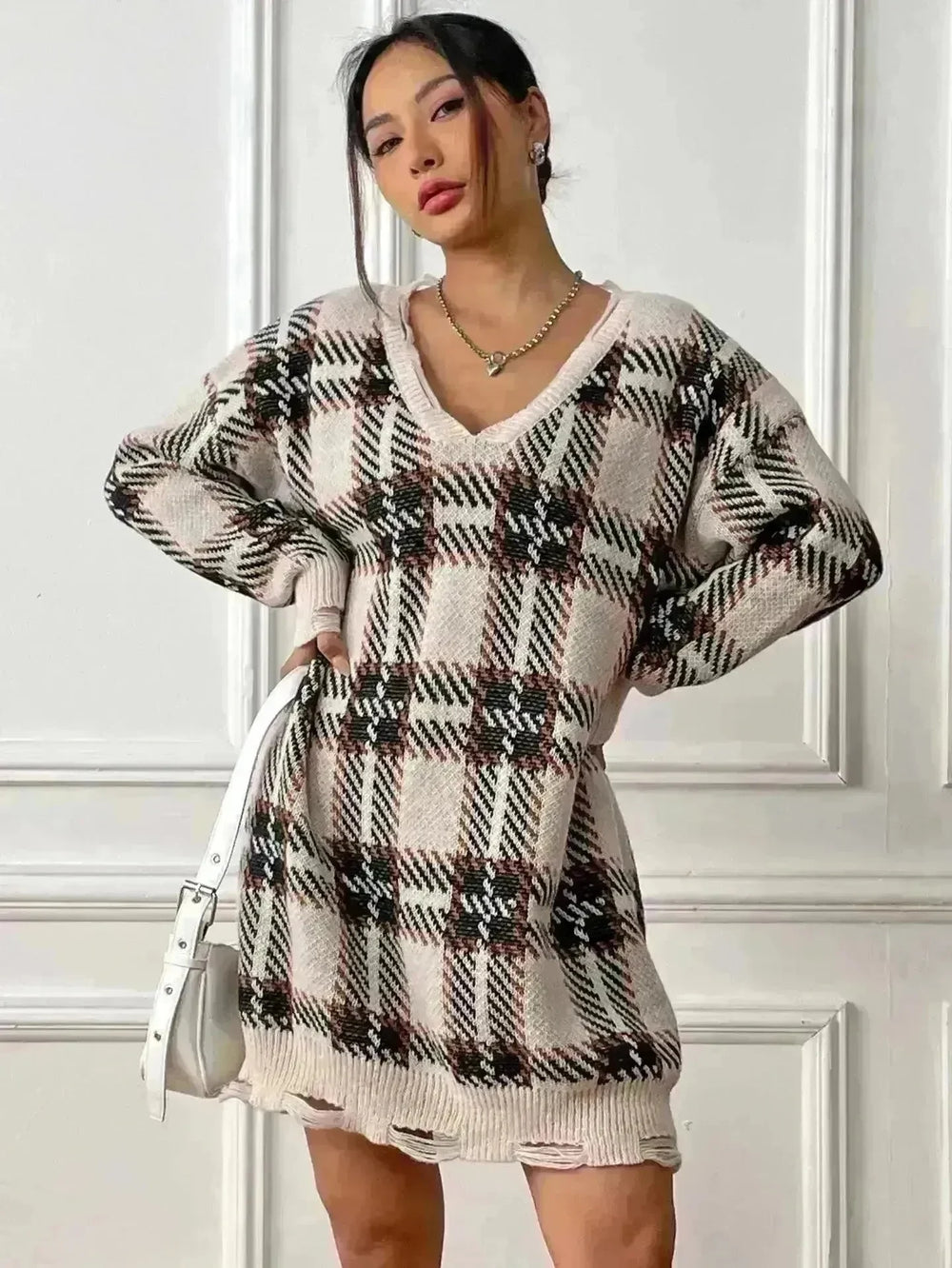 Deer Plush V-neck Long Sleeve Plaid Winter Jumper Mini dress - EX-STOCK CANADA