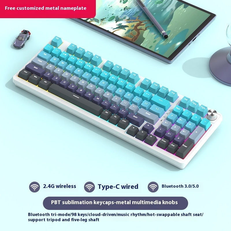 Colorful keyboard with gradient keys on a light blue background, featuring text about connectivity options and key features.