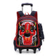 Red and black backpack with car design on a white background