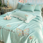 Korean Ice Silk Summer Quilt Four-piece Set Embroidery Lace Air Conditioning Cool Feeling Thin Duvet EX-STOCK Canada 