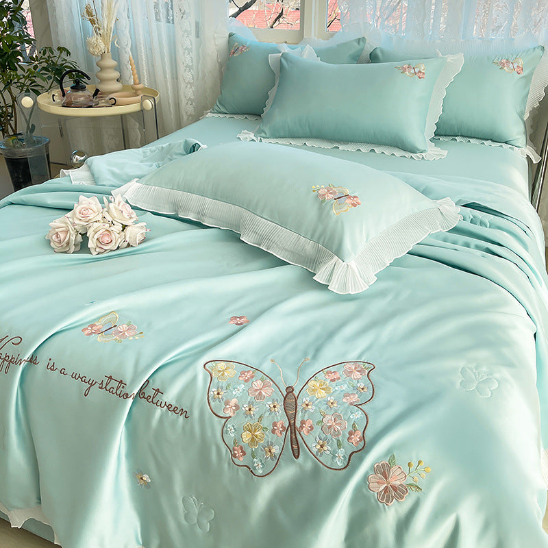 Korean Ice Silk Summer Quilt Four-piece Set Embroidery Lace Air Conditioning Cool Feeling Thin Duvet EX-STOCK Canada 