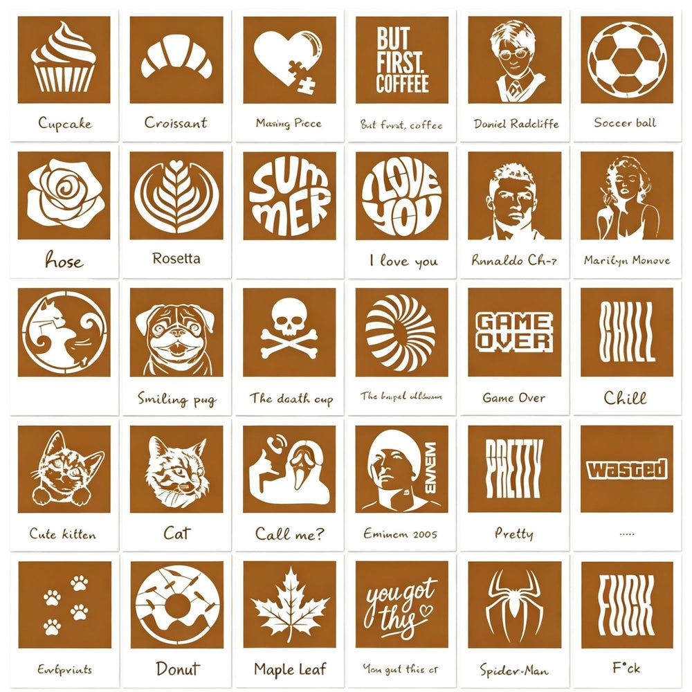 A grid of square printed cards or stamps, each showing a different graphic design and word on a white background. Designs include a cupcake, croissant, mixing piece, but first coffee, Daniel Radcliffe, soccer ball, hose, rosetta, summer, I love you, Ronaldinho, Marilyn Manson, Smiling Pug, The Death Cup, Game Over, Chill, Eminem, Pretty, Wasted, Envelope, Cat, Call me?, Eminem 2005, Maple Leaf, You got this, Spider-Man, and F*ck.