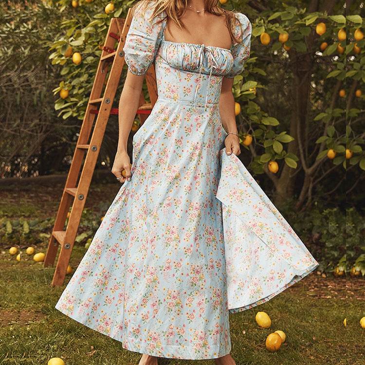 Summer Floral Print Dress Women Sexy Party Long Dresses Puff Short Sleeve - EX-STOCK Canada