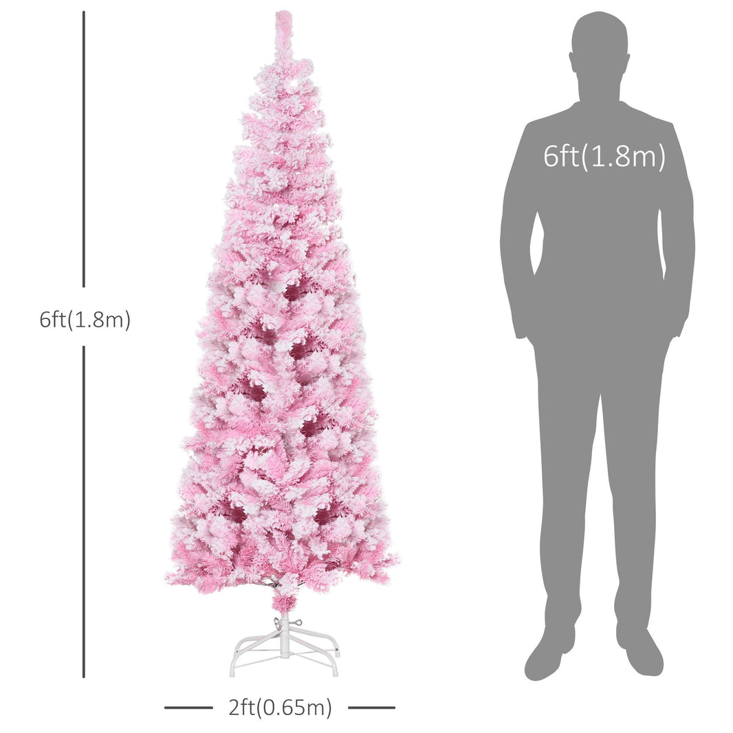 6 FT Snow Flocked Artificial Christmas Tree, Pencil Xmas Tree With Realistic Branches, Auto Open And Steel Base, Pink EX-STOCK Canada 