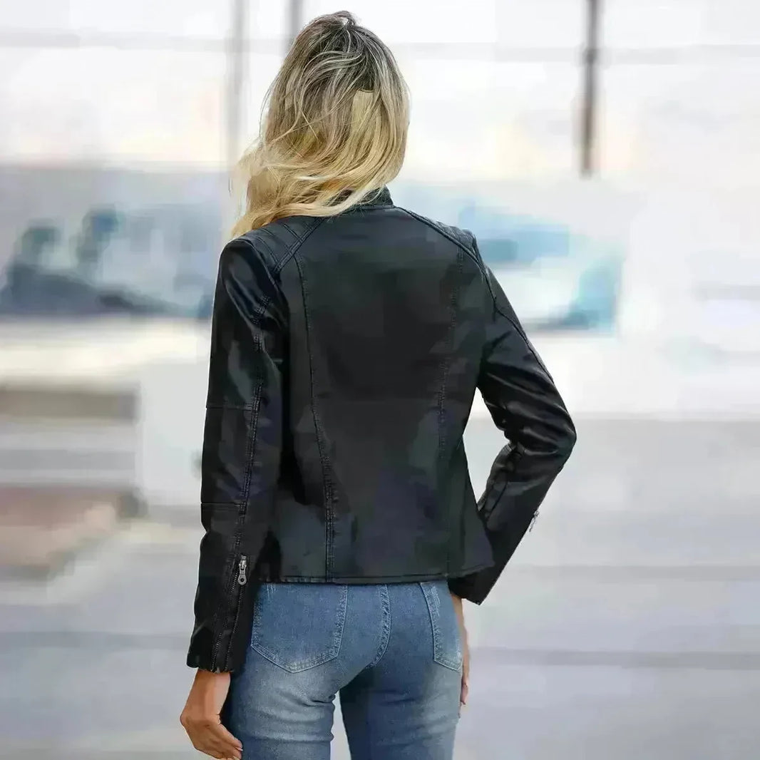 Fashioned European and American Slim fit stand collar Leather jacket for women - EX-STOCK CANADA