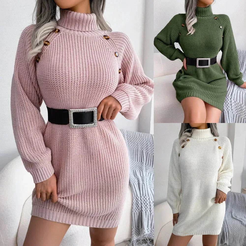Elegant Autumn Winter Mini Turtleneck Sweater Dress - EX-STOCK Canada