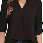 Chic Solid V-Neck Blouse - Fashionable Simplicity For Women - Relaxed Casual Long Sleeve Style - EX-STOCK Canada