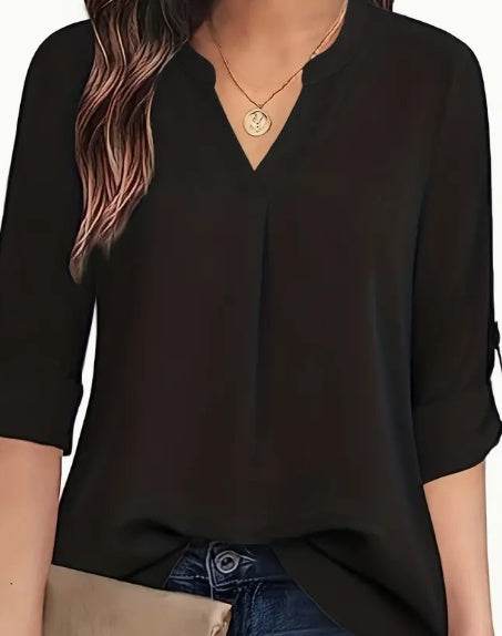Chic Solid V-Neck Blouse - Fashionable Simplicity For Women - Relaxed Casual Long Sleeve Style - EX-STOCK Canada