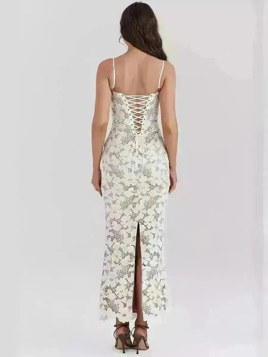 Women White Lace Wedding Dinner Party Cocktail Bodycon Spaghetti Strap Split Long Dress - EX-STOCK CANADA