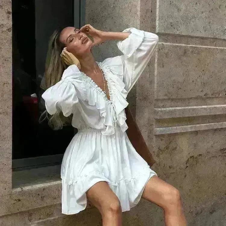 Casual Fashion V Neck Pleated Ruffle Long Sleeve Dress Y2K V Neck Flared Sleeve Short Mini Skater Dress Women's Clothing - EX-STOCK CANADA