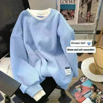 Women Round-neck With Fleece Lining Thick Fake Two Pieces Long Sleeve Loose Hoodie Sweatshirt - EX-STOCK CANADA
