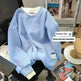 Women Round-neck With Fleece Lining Thick Fake Two Pieces Long Sleeve Loose Hoodie Sweatshirt - EX-STOCK CANADA