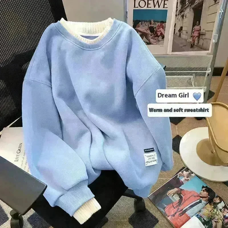 Women Round-neck With Fleece Lining Thick Fake Two Pieces Long Sleeve Loose Hoodie Sweatshirt - EX-STOCK CANADA