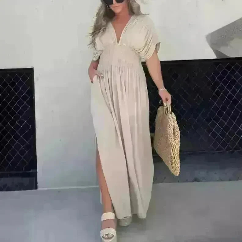 Fashion Bat-sleeved V-neck Slit Dress Summer Beach Short Sleeve Elastic Waist Split Long Dresses Womens Clothing - EX-STOCK CANADA