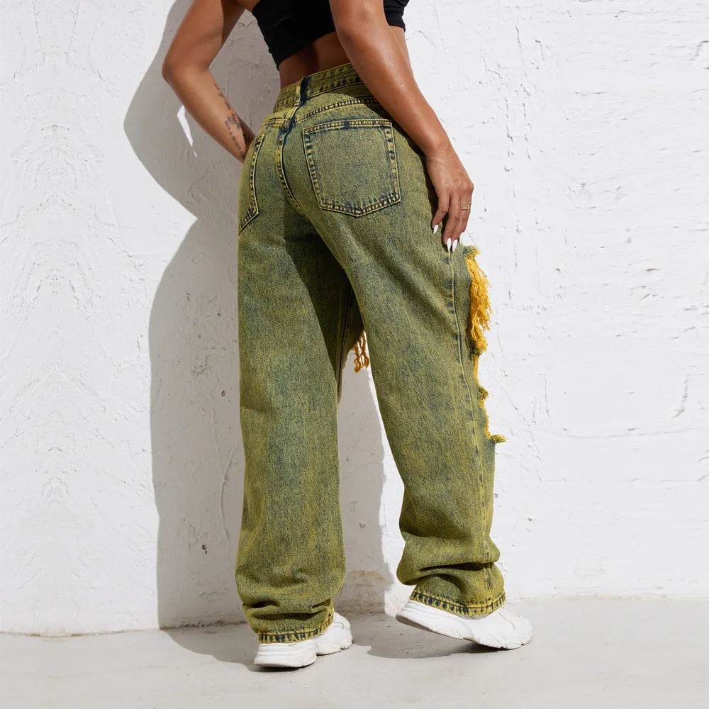 Shascullfites Melody Yellow Wash Streetwear Split Loose Straight Ripped Baggy Jeans Y2K Retro Women Denim Pants - EX-STOCK Canada
