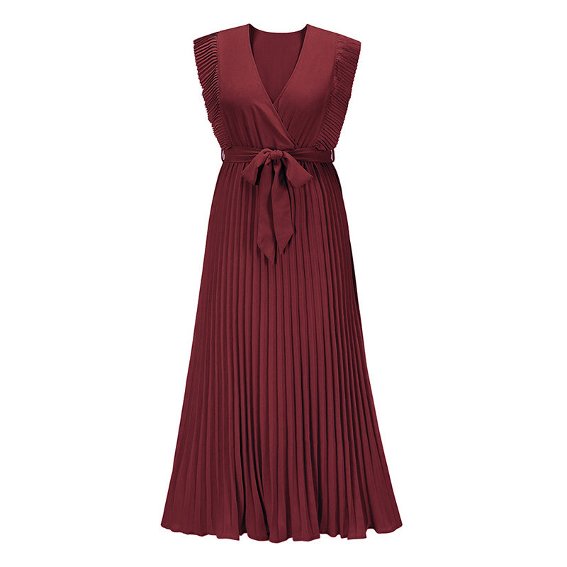 Women's Summer Maxi Dresses Elegant V Neck Ruffled Sleeves Empire Waist Pleated Flowy Wedding Guest Dress EX-STOCK